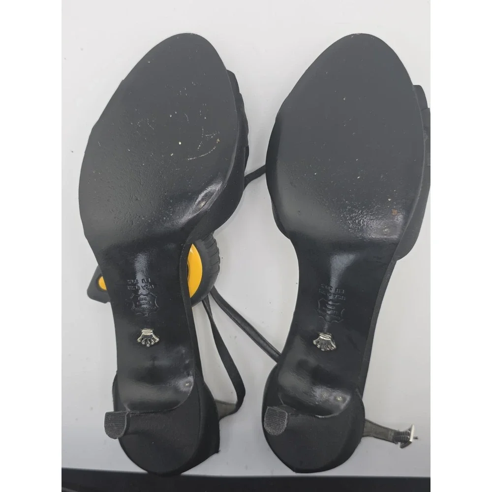 Nina Black Rhinestone Bow Ankle Strap Stiletto Heels Womens 9.5M Leather Sole